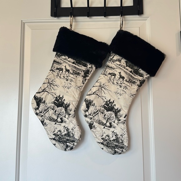 2 Toile Christmas Stocking Faux Fur Trim Homestead Country Cottagecore Christmas - Picture 1 of 6